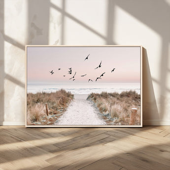 34632598-MGV-CV-36X24-Coastal Pathway Canvas Wall Art – Framed Seaside Landscape, Large Beach and Birds Canvas Print for Home, Office, or Living Room
