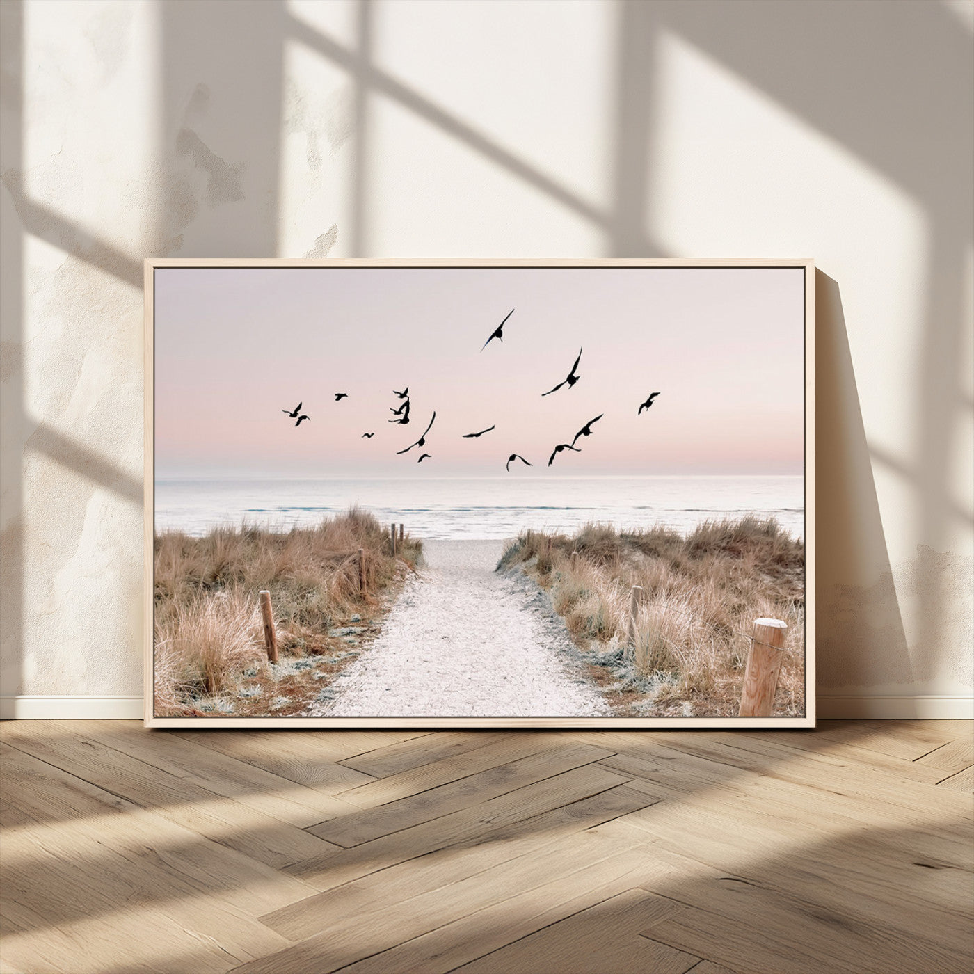 34632598-MGV-FC-36X24_Natural-Beach Pathway Wall Art – Coastal Canvas Print with Sandy Trail, Flying Birds and Pastel Sky, Serene Ocean Landscape Photography