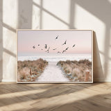34632598-MGV-FC-36X24_Natural-Beach Pathway Wall Art – Coastal Canvas Print with Sandy Trail, Flying Birds and Pastel Sky, Serene Ocean Landscape Photography