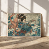 52037775-MGV-CV-36X24-Tsukioka Yoshitoshi Samurai Wall Art Print, Japanese Katana Warrior Canvas Wall Art, Octopus Sea Monster Canvas Print,