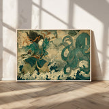 24416422-MGV-CV-36X24-Tsukioka Yoshitoshi Samurai Wall Art Print, Japanese Katana Warrior Canvas Wall Art, Octopus Sea Monster Canvas Print,