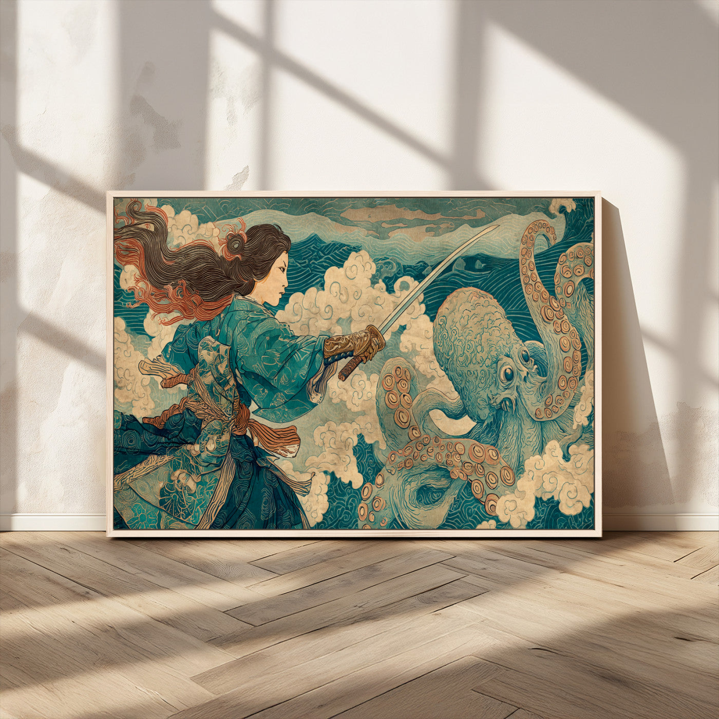 37943964-MGV-CV-36X24-Tsukioka Yoshitoshi Samurai Wall Art Print, Japanese Katana Warrior Canvas Wall Art, Octopus Sea Monster Canvas Print,
