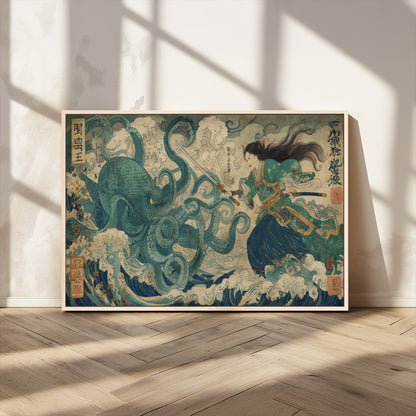 60346622-MGV-CV-36X24-Samurai Warrior vs Octopus Wall Art – Japanese Ukiyo-e Style Ocean Battle Canvas Print, Traditional Samurai Artwork for Living