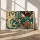 18575670-MGV-CV-36X24-Tsukioka Yoshitoshi Samurai Wall Art Print, Japanese Katana Warrior Canvas Wall Art, Octopus Sea Monster Canvas Print,