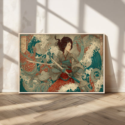 63377977-MGV-CV-36X24-Tsukioka Yoshitoshi Samurai Wall Art Print, Japanese Katana Warrior Canvas Wall Art, Octopus Sea Monster Canvas Print,