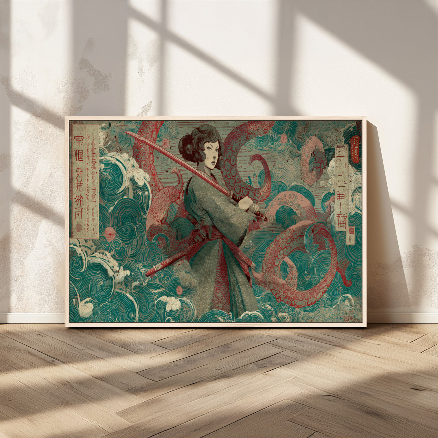 91666601-MGV-FC-36X24_Natural-Samurai Woman vs Octopus Wall Art – Japanese Ukiyo-e Green Robe Canvas Print, Ocean Battle Artwork for Living Room, Office, Man