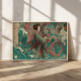 91666601-MGV-FC-36X24_Natural-Samurai Woman vs Octopus Wall Art – Japanese Ukiyo-e Green Robe Canvas Print, Ocean Battle Artwork for Living Room, Office, Man