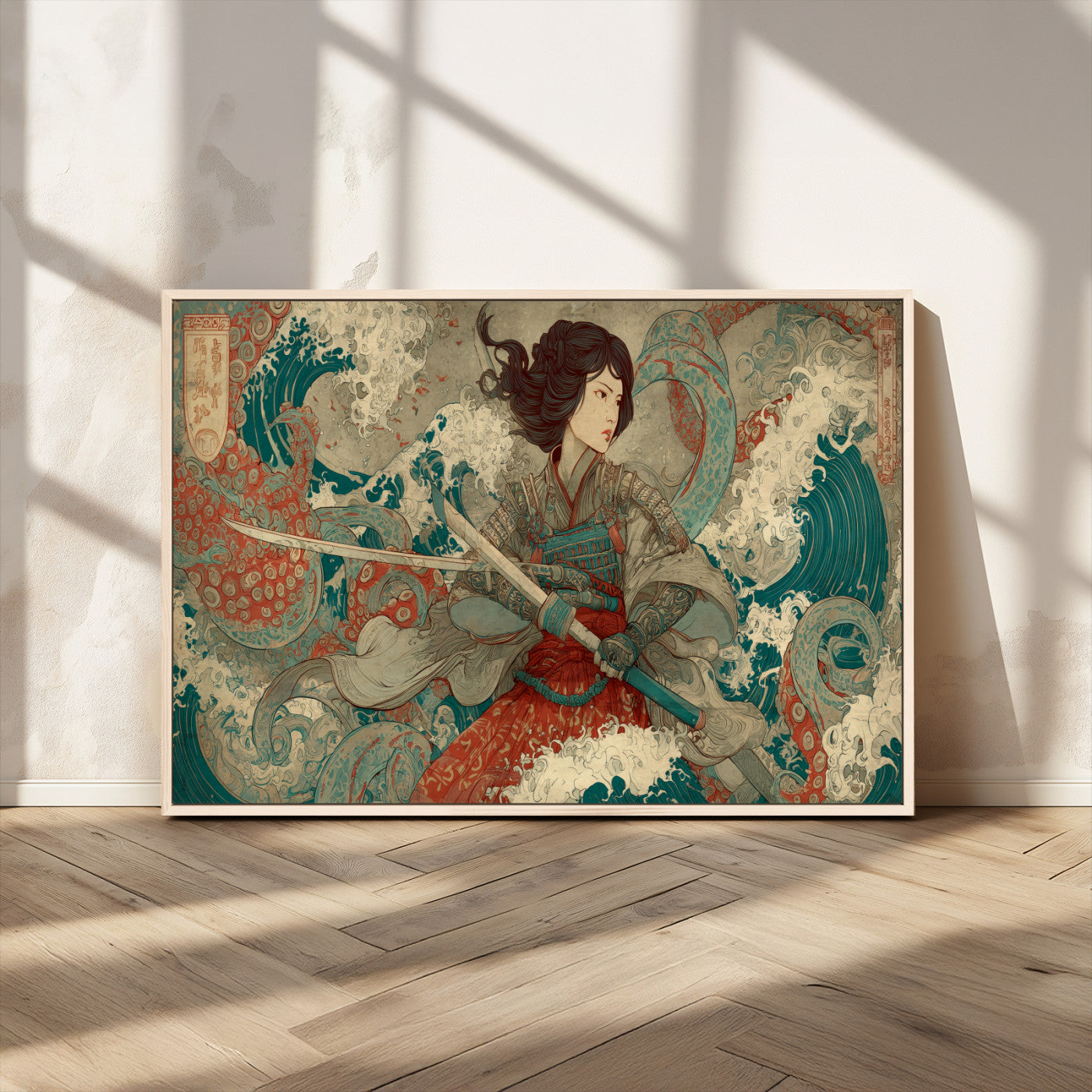 37797255-MGV-CV-36X24-Samurai Woman vs Octopus Wall Art – Japanese Ukiyo-e Red Armor Ocean Battle Canvas Print, Warrior Artwork for Living Room, Office,