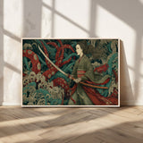 18902796-MGV-CV-36X24-Samurai Woman vs Octopus Wall Art – Japanese Ukiyo-e Green Kimono Canvas Print, Ocean Battle Scene Artwork for Living Room,