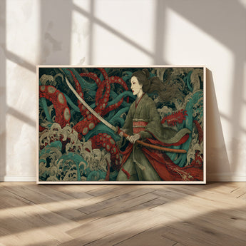 18902796-MGV-CV-36X24-Samurai Woman vs Octopus Wall Art – Japanese Ukiyo-e Green Kimono Canvas Print, Ocean Battle Scene Artwork for Living Room,