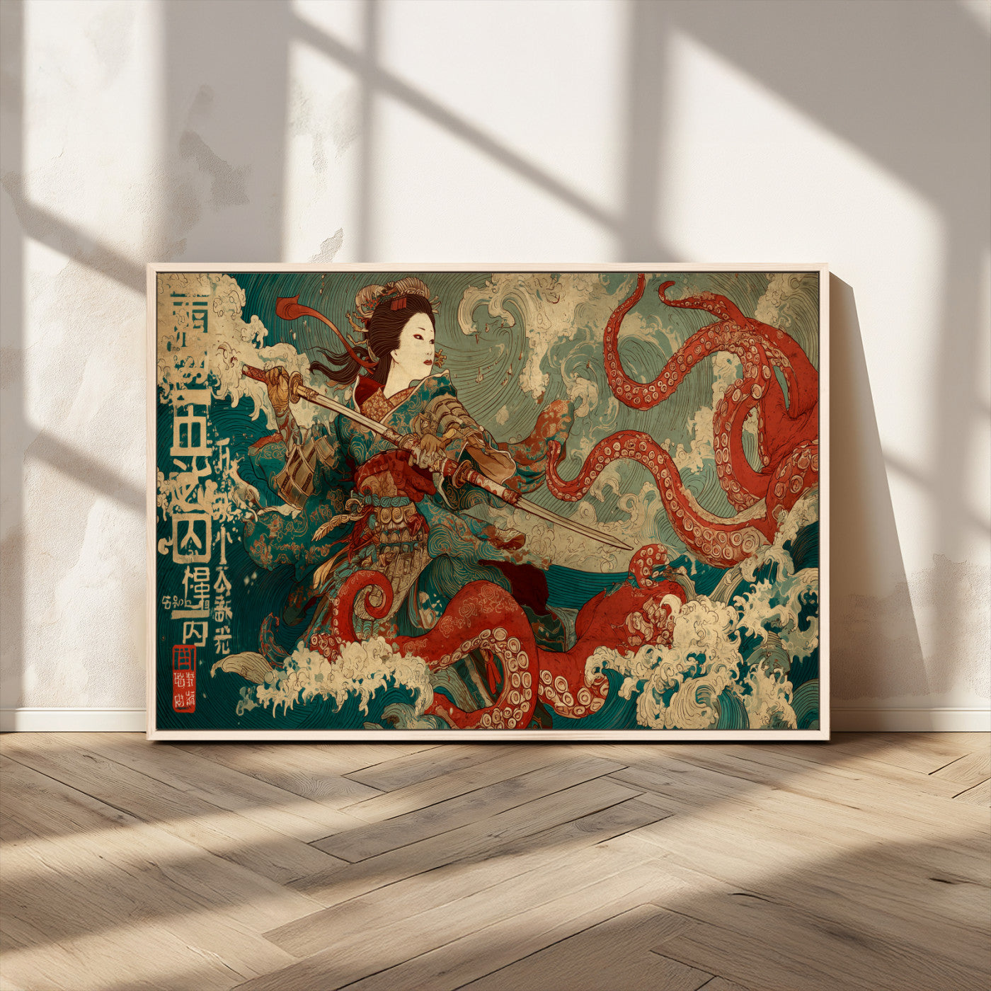 60201267-MGV-CV-36X24-Samurai Woman vs Octopus Wall Art – Japanese Ukiyo-e Armor Canvas Print, Red Tentacle Ocean Battle Artwork for Living Room,