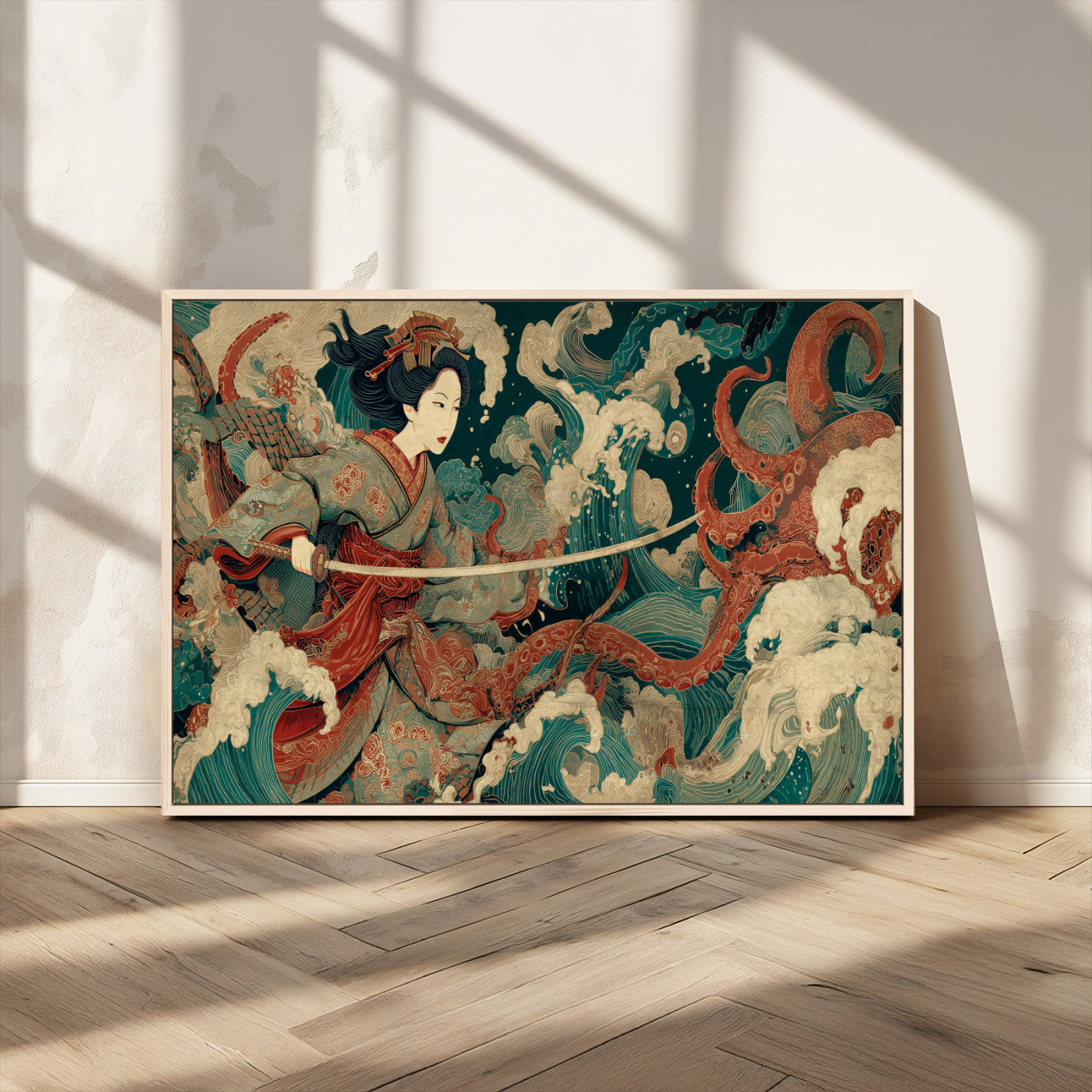 30212982-MGV-CV-36X24-Samurai Woman vs Octopus Wall Art – Japanese Ukiyo-e Style Warrior and Sea Monster Canvas Print, Mythology Inspired Artwork for