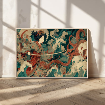 30212982-MGV-CV-36X24-Samurai Woman vs Octopus Wall Art – Japanese Ukiyo-e Style Warrior and Sea Monster Canvas Print, Mythology Inspired Artwork for