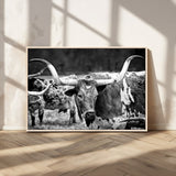 15425553-MGV-CV-36X24-Western Wall Art – Longhorn Cattle Black and White Canvas Print, Rustic Ranch Photography Decor for Bedroom, Living Room, Office,