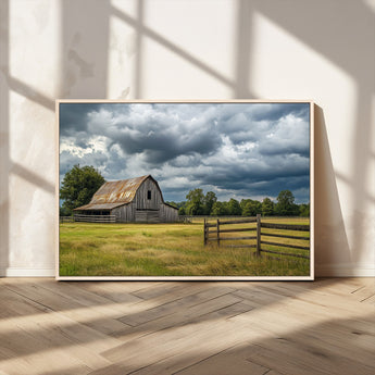39409517-MGV-CV-36X24-Rustic Barn Wall Art – Weathered Farmhouse and Storm Clouds Canvas Print, Country Landscape Photography Decor for Bedroom, Living