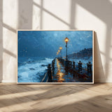 93793246-MGV-FC-36X24_Natural-Stormy Night Pier Canvas Wall Art – Moody Ocean Landscape with Lights, Blue Coastal Seascape Print for Bedroom, Living Room,