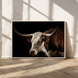 27414857-MGV-CV-36X24-Texas Longhorn Bull Canvas Wall Art – Rustic Western Farmhouse Decor, Brown & White Cow Portrait, Animal Print for Ranch Home