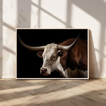 27414857-MGV-CV-36X24-Texas Longhorn Bull Canvas Wall Art – Rustic Western Farmhouse Decor, Brown & White Cow Portrait, Animal Print for Ranch Home