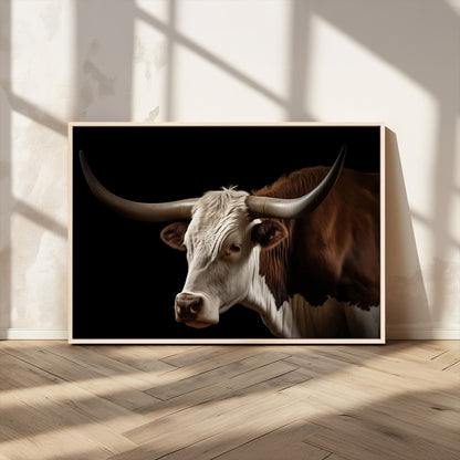 27414857-MGV-CV-36X24-Texas Longhorn Bull Canvas Wall Art – Rustic Western Farmhouse Decor, Brown & White Cow Portrait, Animal Print for Ranch Home