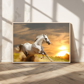 67478480-MGV-CV-36X24-White Horse Running at Sunset Wall Art – Majestic Equestrian Photography Print, Rustic Farmhouse Decor, Golden Sky Horse Lover