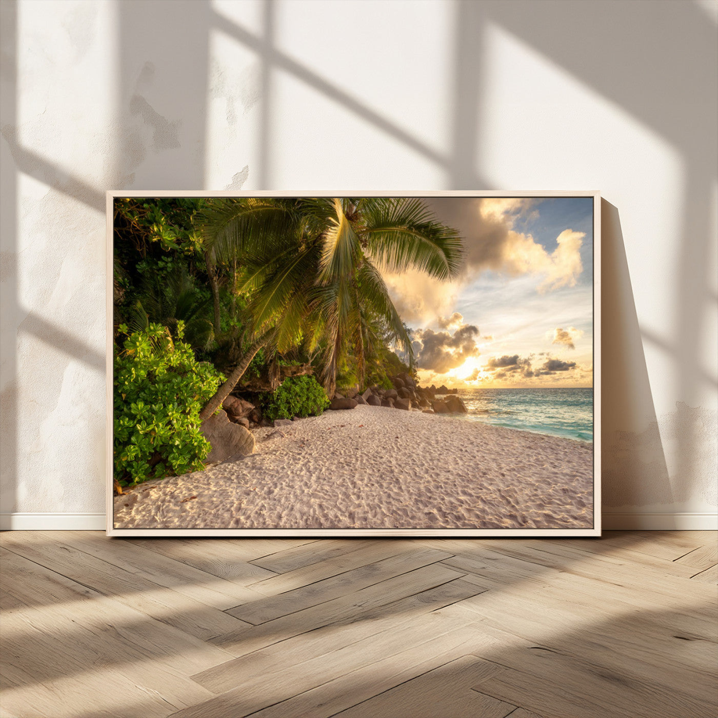 89531159-MGV-FC-36X24_Natural-Tropical Beach Sunset Canvas Wall Art – Palm Trees Golden Sand Ocean Waves Coastal Paradise Print for Beach House Bedroom Bathroom