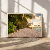 89531159-MGV-FC-36X24_Natural-Tropical Beach Sunset Canvas Wall Art – Palm Trees Golden Sand Ocean Waves Coastal Paradise Print for Beach House Bedroom Bathroom