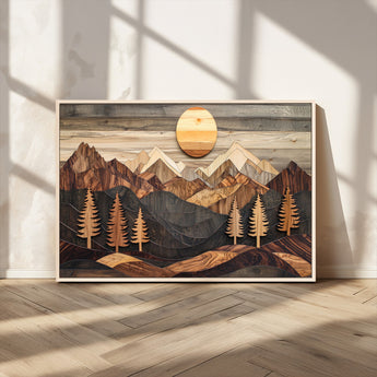90044381-MGV-FC-36X24_Natural-Rustic Wall Art – Wooden Mountain Landscape with Sun and Pine Trees, Handcrafted Nature Canvas Style Decor for Bedroom, Living