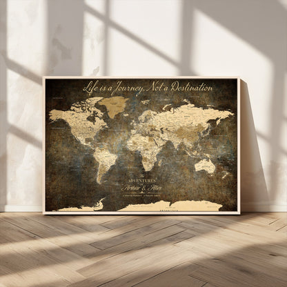 13394308-MGV-CV-36X24-Personalized World Map Wall Art – Dark Rustic Vintage Adventure Travel Map with Custom Couple Names, Timeless Wall Decor for Home