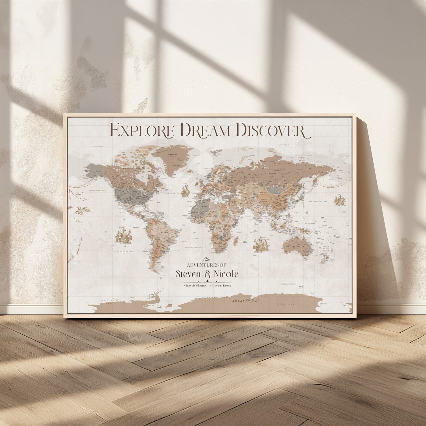 56148717-MGV-CV-36X24-Personalized World Map Wall Art – Neutral Beige & Brown Vintage Adventure Travel Map with Custom Couple Names, Classic Wall Decor