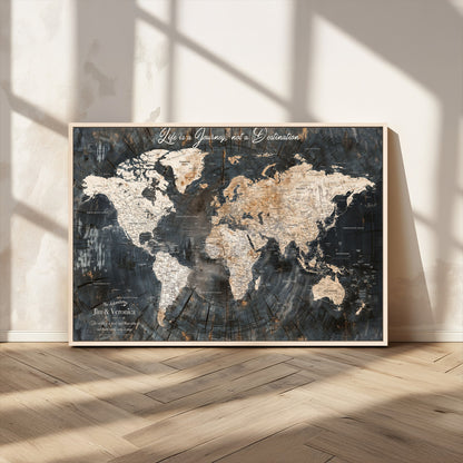 55548943-MGV-CV-36X24-Personalized World Map Wall Art – Rustic Wood Texture Adventure Travel Map with Custom Couple Names, Vintage Dark Wall Decor for