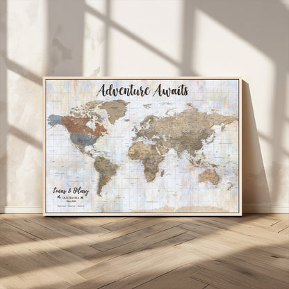 30792405-MGV-CV-36X24-Personalized World Map Wall Art – Rustic Beige Adventure Travel Map with Custom Couple Names, Vintage Wall Decor for Home or