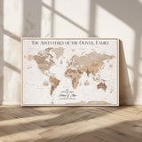 43869621-MGV-CV-36X24-Personalized World Map Wall Art – Light Beige Sepia Adventure Travel Map with Custom Family or Couple Names, Rustic Wall Decor for