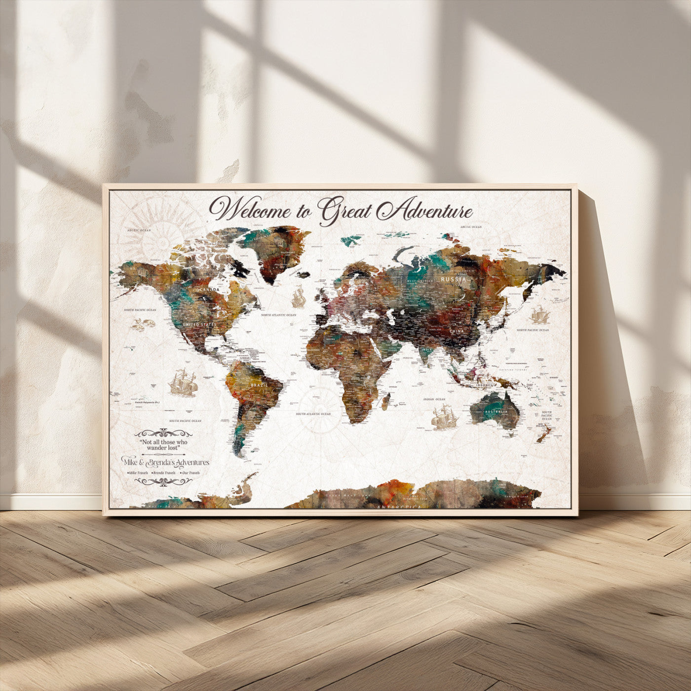 67029173-MGV-CV-36X24-Personalized World Map Wall Art – Colorful Vintage Adventure Travel Map with Custom Couple Names, Rustic Wall Decor for Home,