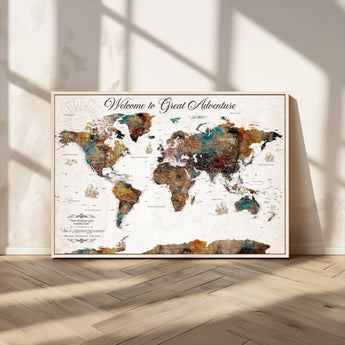 67029173-MGV-CV-36X24-Personalized World Map Wall Art – Colorful Vintage Adventure Travel Map with Custom Couple Names, Rustic Wall Decor for Home,