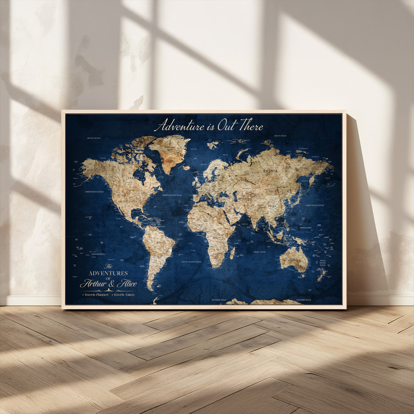 71052542-MGV-CV-36X24-Personalized World Map Wall Art – Rustic Navy Blue Adventure Travel Map with Custom Couple Names, Vintage Wall Decor for Home or