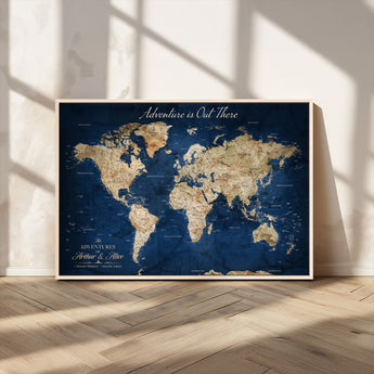 71052542-MGV-CV-36X24-Personalized World Map Wall Art – Rustic Navy Blue Adventure Travel Map with Custom Couple Names, Vintage Wall Decor for Home or