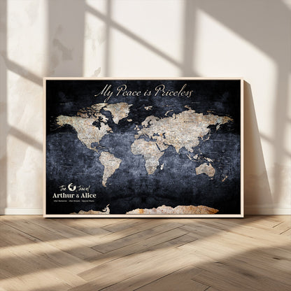 85403043-MGV-FC-36X24_Natural-Personalized World Map Wall Art – Dark Blue Rustic Adventure Map with Custom Couple Names, Vintage Wall Decor for Home or Travel