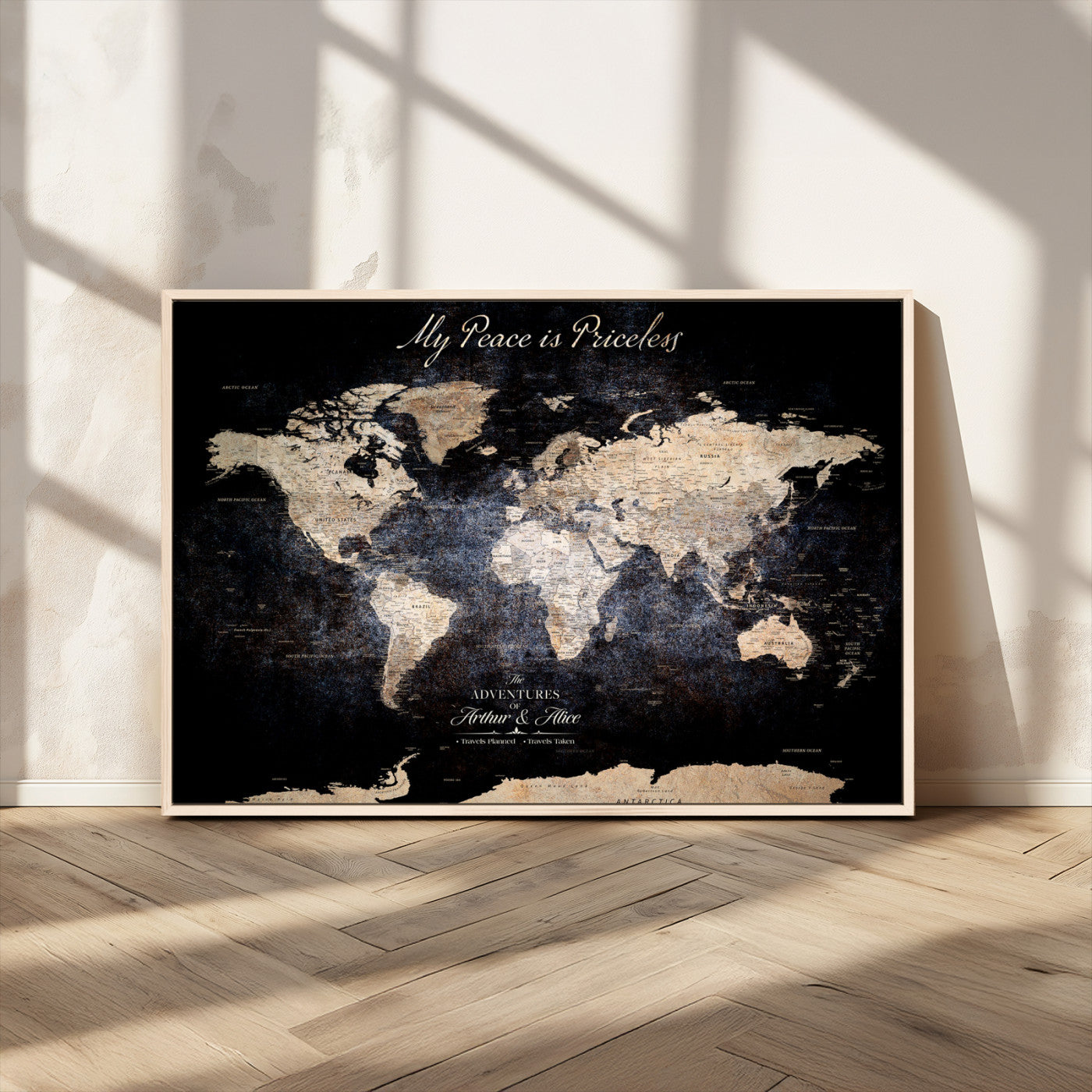 51488142-MGV-CV-36X24-Personalized World Map Wall Art – Dark Rustic Adventure Travel Map with Custom Names, Vintage Wall Decor for Couples, Families or