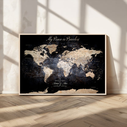 51488142-MGV-CV-36X24-Personalized World Map Wall Art – Dark Rustic Adventure Travel Map with Custom Names, Vintage Wall Decor for Couples, Families or