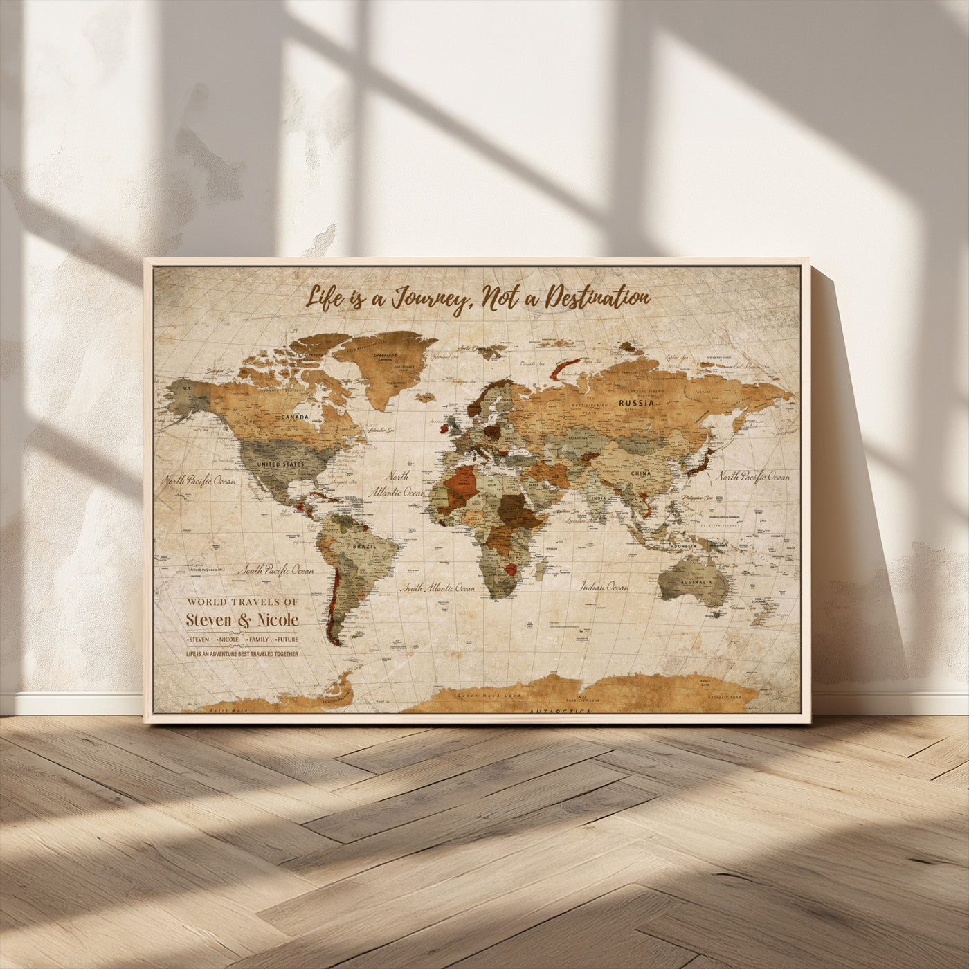 75179116-MGV-CV-36X24-Personalized World Map Wall Art – Rustic Vintage Travel Map with Custom Names, Inspirational Adventure Décor for Couples, Families