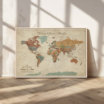 43497401-MGV-CV-36X24-Personalized World Map Wall Art – Vintage Rustic Adventure Travel Map with Custom Couple Names, Welcome to Great Adventure Wall