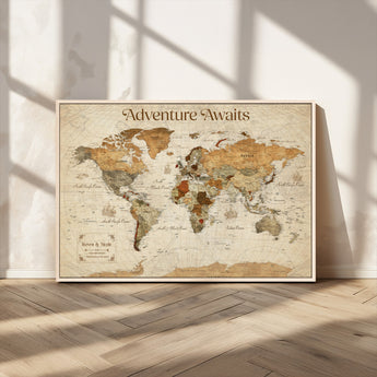 18685073-MGV-CV-36X24-Personalized World Map Wall Art – Antique Vintage Parchment Adventure Awaits Travel Map with Custom Couple Names, Rustic Wall