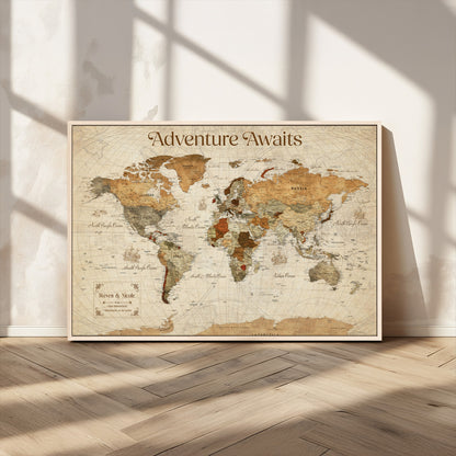 18685073-MGV-CV-36X24-Personalized World Map Wall Art – Antique Vintage Parchment Adventure Awaits Travel Map with Custom Couple Names, Rustic Wall