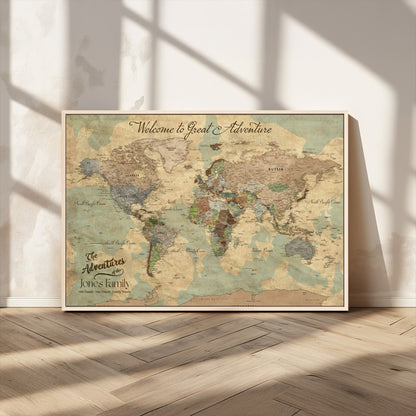 32019746-MGV-CV-36X24-Personalized World Map Wall Art – Vintage Camo Adventure Travel Map with Custom Family Names, Rustic Wall Decor for Couples, Home