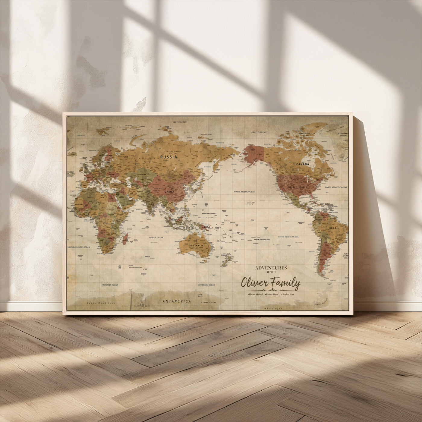 31874045-MGV-CV-36X24-Personalized World Map Wall Art – Vintage Earth Tone Adventure Map with Custom Family Names, Rustic Travel Decor for Home, Couples