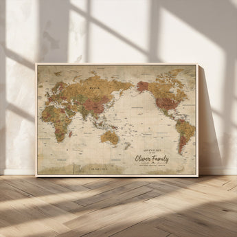 31874045-MGV-CV-36X24-Personalized World Map Wall Art – Vintage Earth Tone Adventure Map with Custom Family Names, Rustic Travel Decor for Home, Couples