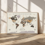 40679469-MGV-CV-36X24-Personalized World Map Wall Art – Neutral Tones Adventure Travel Map with Custom Family Names, Rustic Wall Decor for Living Room