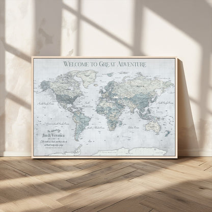 70605050-MGV-CV-36X24-Personalized World Map Wall Art – Cool Gray Adventure Travel Map with Custom Names, Elegant Push Pin Canvas for Couples, Family