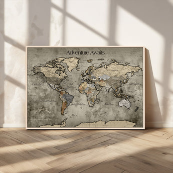 72658967-MGV-CV-36X24-Personalized World Map Wall Art – Adventure Awaits Rustic Sepia Travel Map with Custom Names, Vintage Wall Decor for Couples, Home