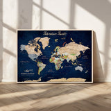80965072-MGV-CV-36X24-Personalized World Map Wall Art – Adventure Awaits Navy Blue Travel Map with Custom Names, Rustic Vintage Wall Decor for Couples,